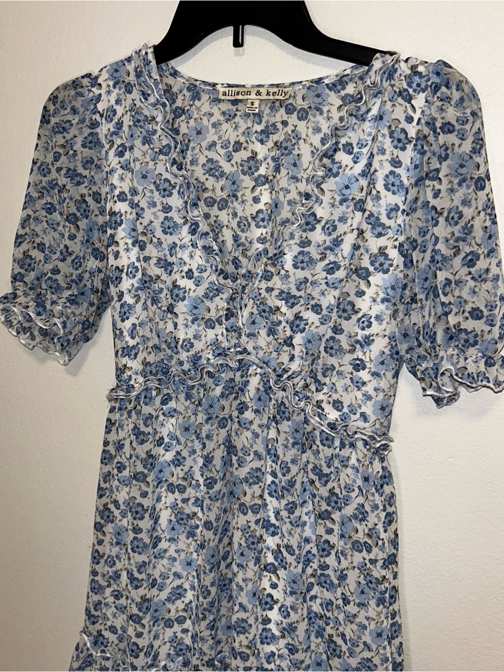 Allison & Kelly Blue Floral Mini Dress with Ruffle V-Neck
